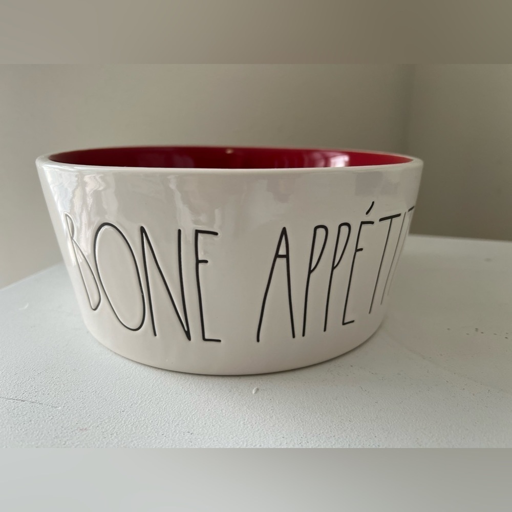 Rae Dunn | Bone Appetit | Large Dog Bowl Artisan Magenta | White Red